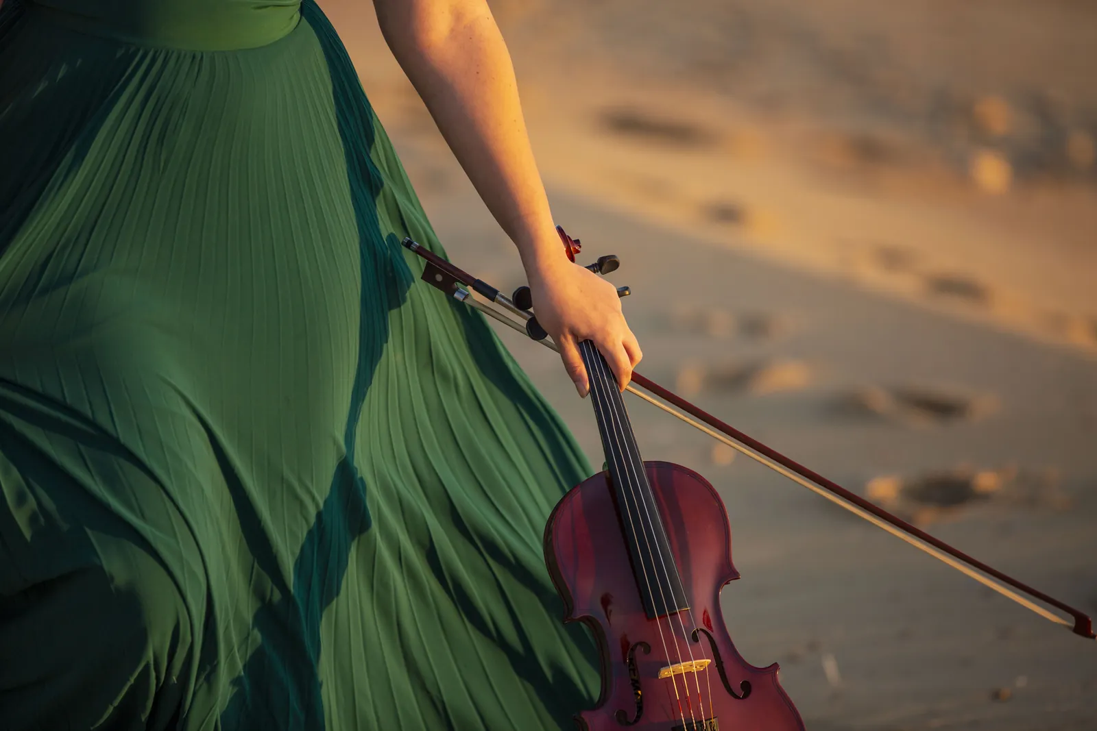 Violin against the dunes at dusk